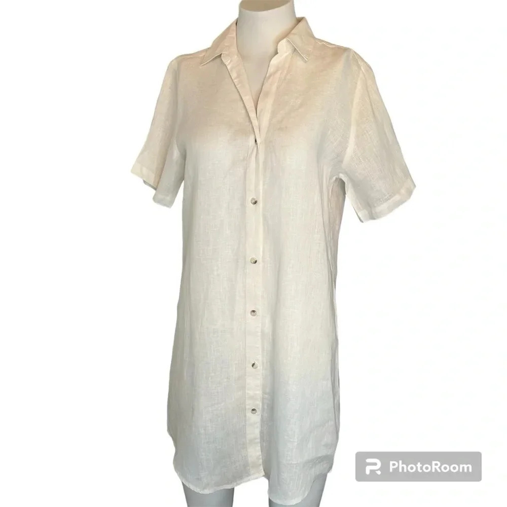 Elan Linen Button Down Collared Dress in White Size Small